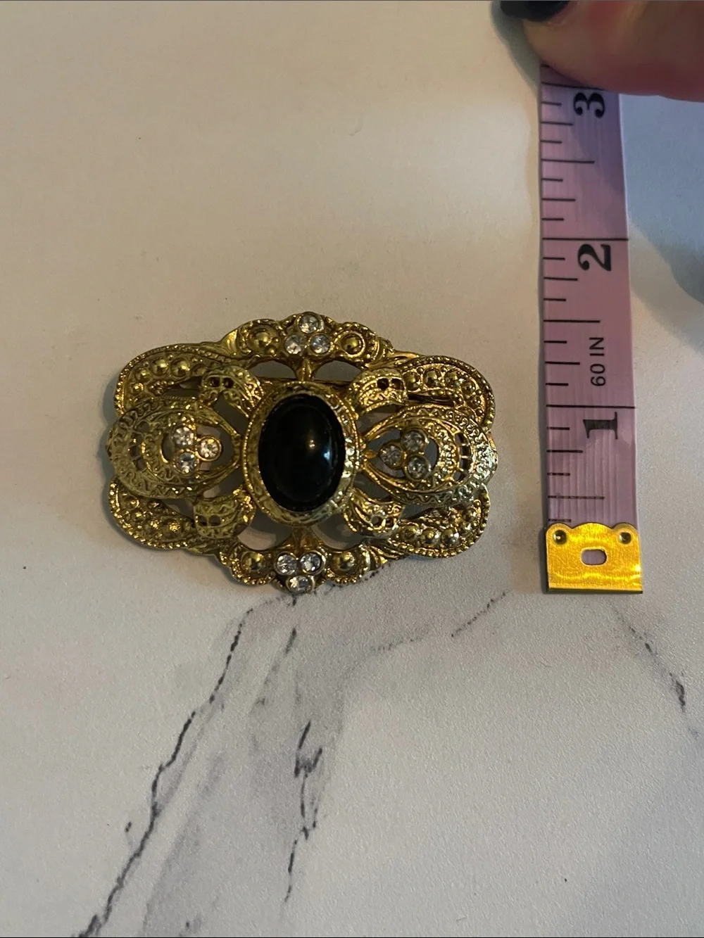 Gold Filigree Brooch with Black Cabochon